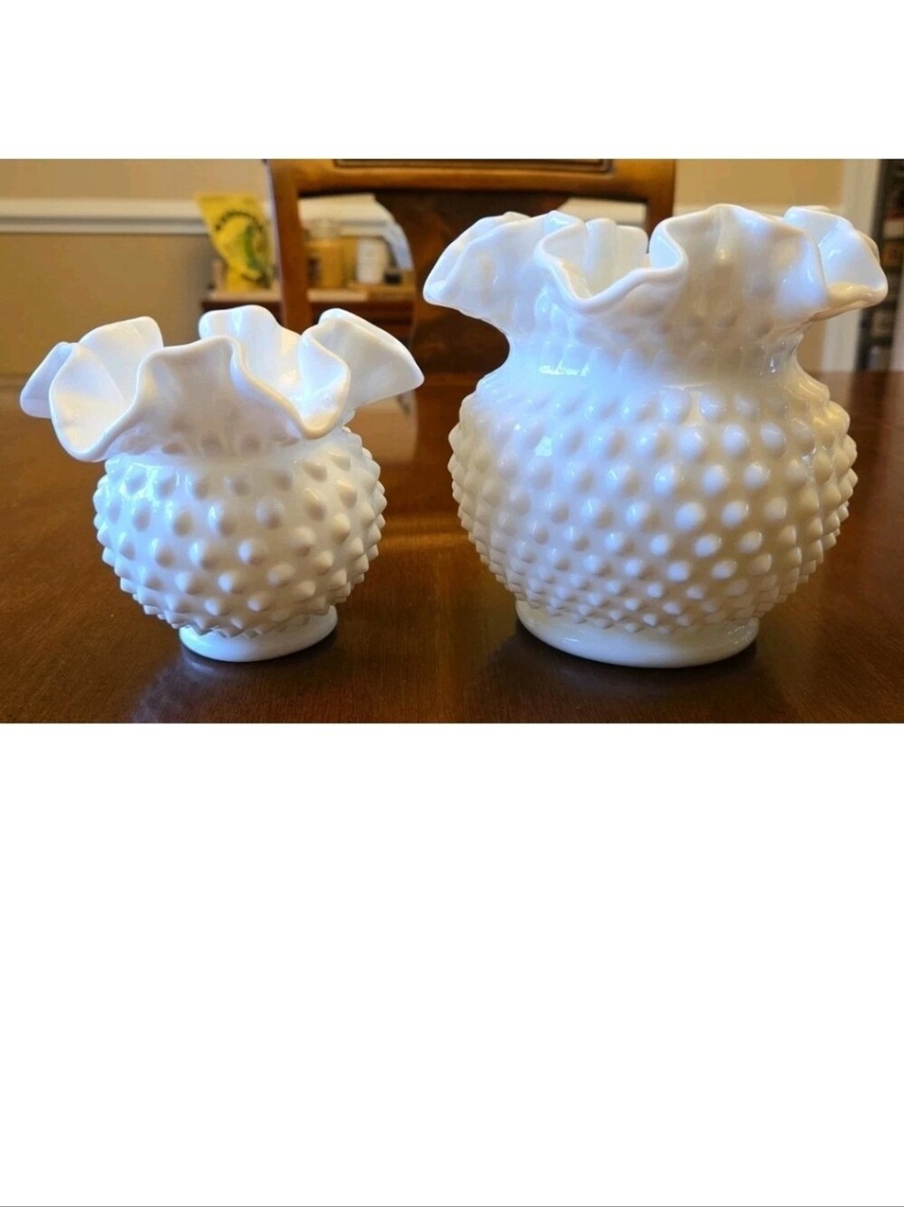 Vintage Mid-Century Fenton Hobnail White Milk Glass Vases Ruffled Edge Pair Set